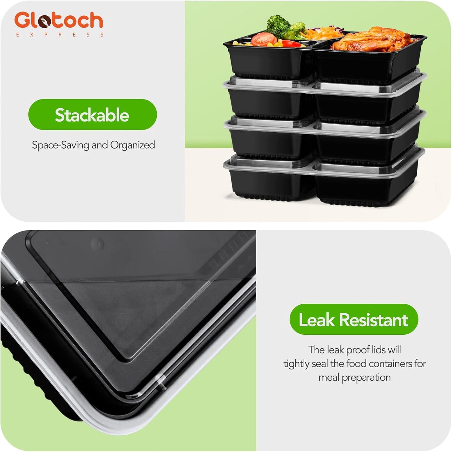 Glotoch 50 Pack (100-Piece) 34oz Meal Prep Containers Reusable with Lids 3-Compartment Containers Microwave, Freezer, Dishwasher Safe - Leakproof Durable To Go Take Out Plastic Food Storage