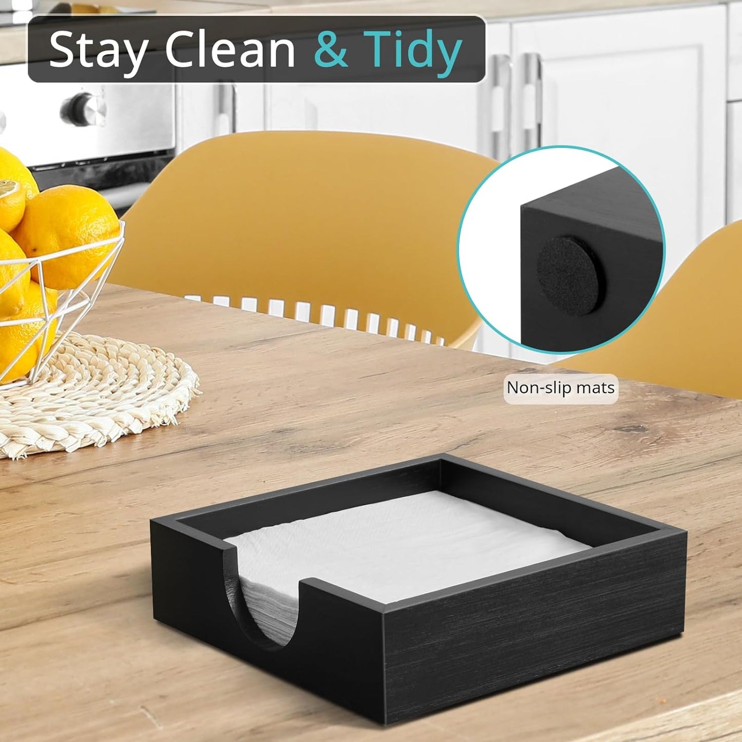 Napkin Holder for Table, Wooden Napkins Holders For Paper Napkins, Flat Napkin Holder for Luncheon, Napkin Holders for Kitchen Dinner Table Decor, Napkin Dispenser for Indoor & Outdoor Use, Black