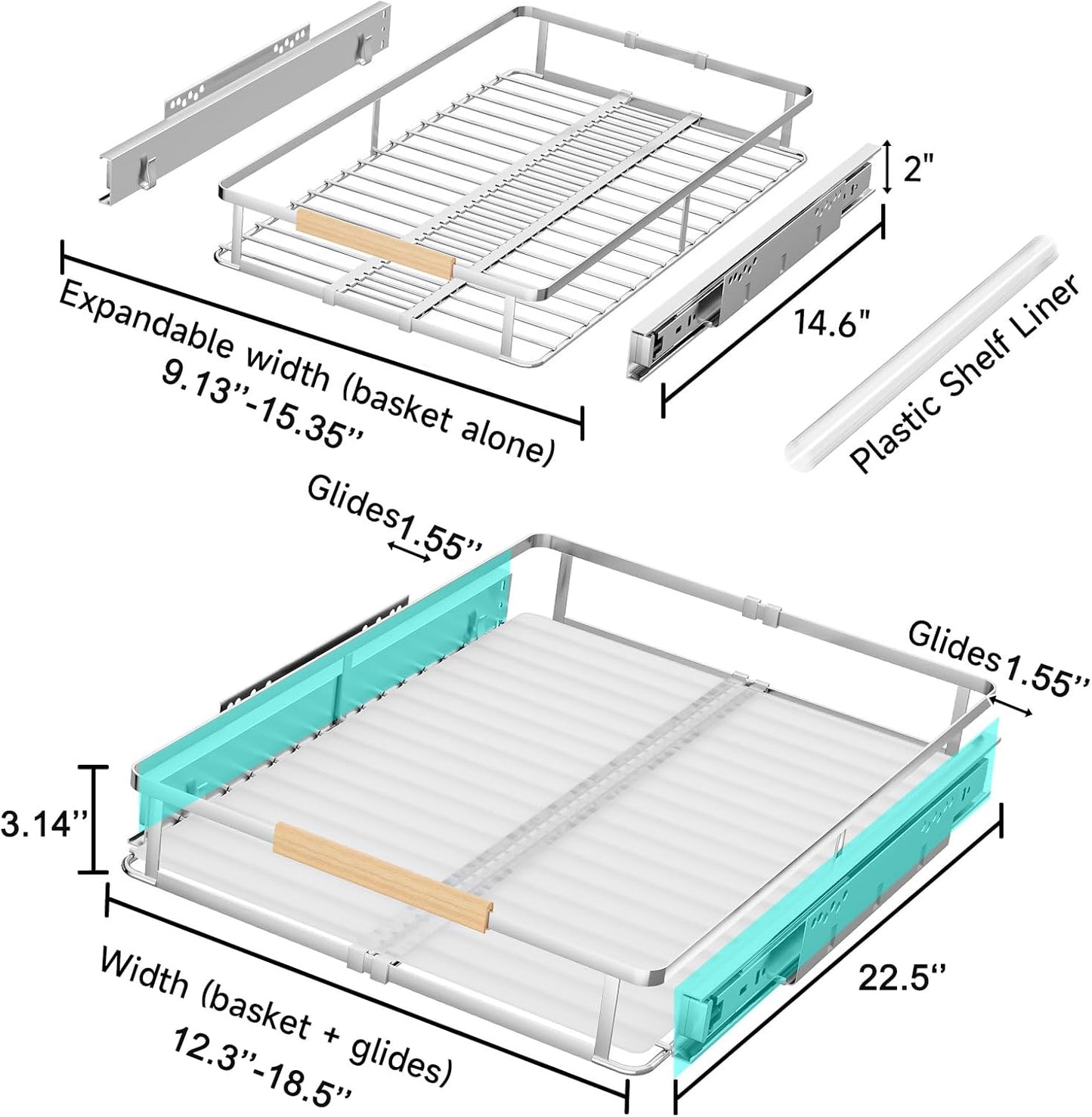 2Pack Expandable Pull Out Cabinet Organizer, Slide Out Drawers for Kitchen Cabinets, Heavy Duty Drawer Slides for Home Kitchen Pantry Cupboard Pots Pans, Adjustable Width 12.3"~18.5" W x 22.5''D