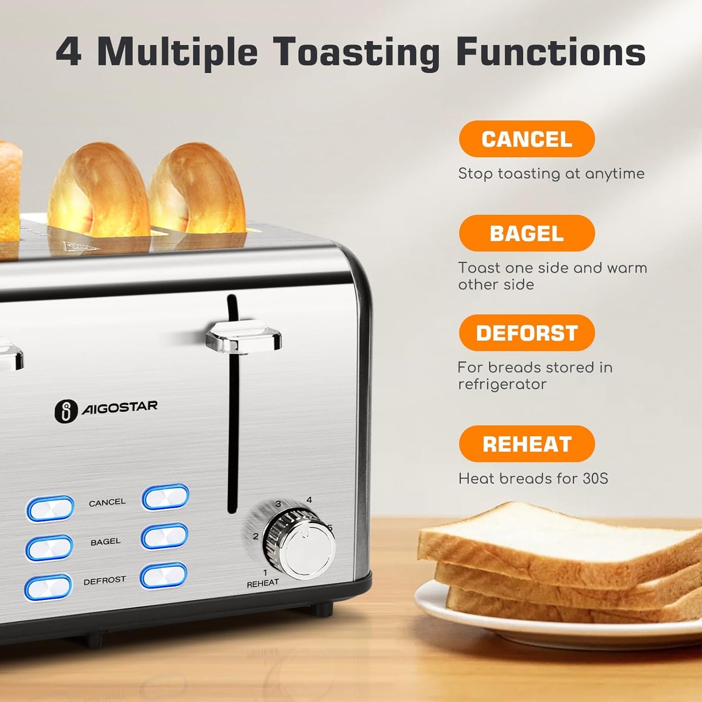 Aigostar Toaster 4 Slice 1.6" Wide Slot Stainless Steel Toasters with Bagel, Reheat, Cancel, Defrost Function, 6 Shade Settings, Removable Crumb Tray, 1550W, Best Rated Prime 4 Slice Toasters