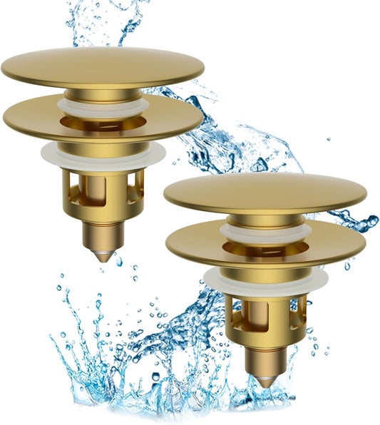 Hibbent 2 Pack All Metal Bathroom Sink Stopper, Universal Pop Up Drain Strainer, Brass Bullet Core Push Type Sink Stopper for 1.1''~2.3'' Basin, Big Push Button, Anti Clogging Filter, Brushed Gold