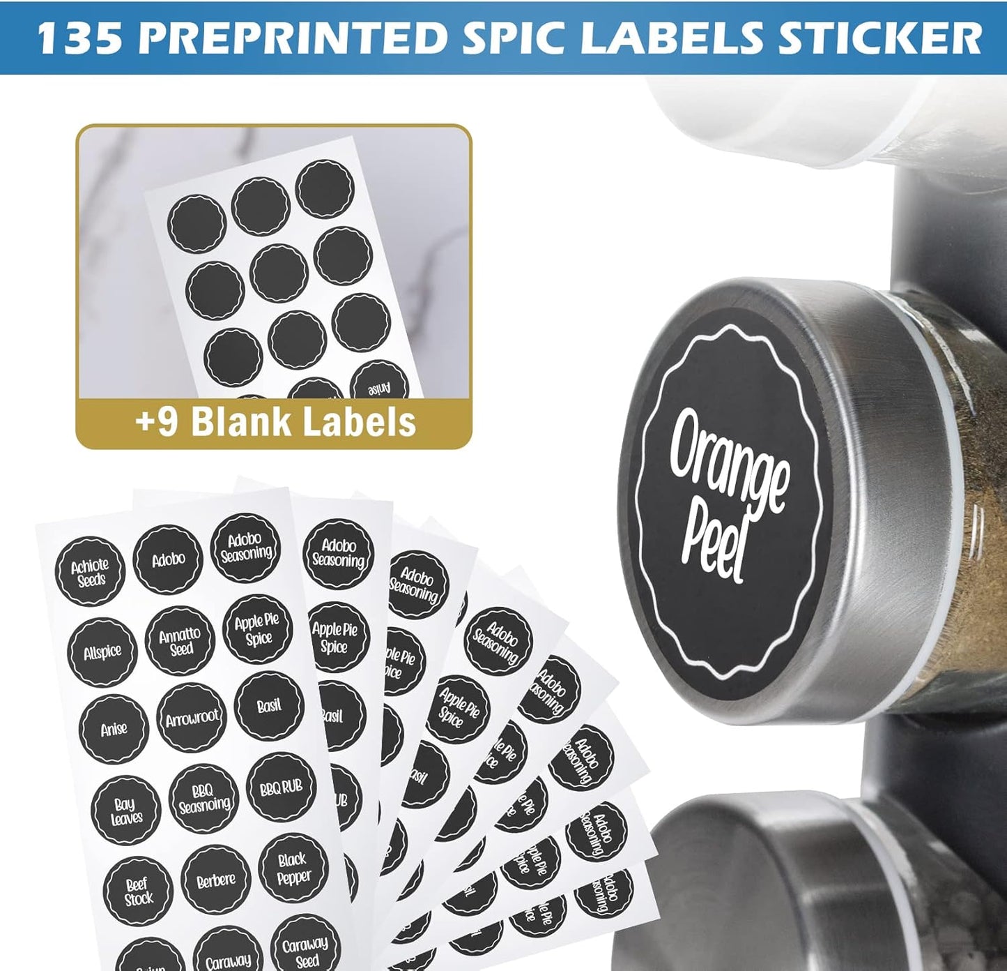 Black Countertop Rotating Spice Rack, 16-Jars Revolving Spice Rack Organizer Tower, 135 Spice Labels with Funnel Complete Set, Seasoning Organizer for Kitchen Countertop, Cabinet