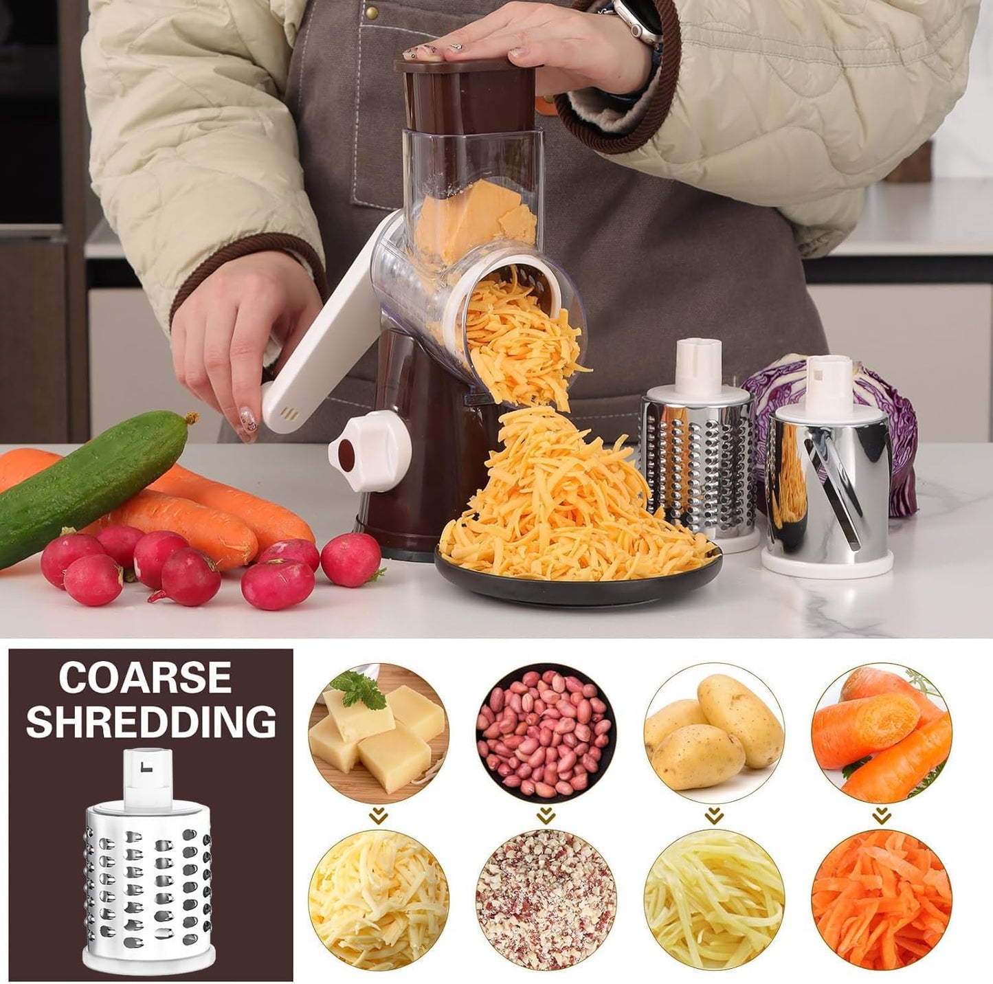 Cambom Rotary Cheese Grater Hand Crank Cheese Shredder for Fresh Cheese, Vegetable, Nuts,Non-slip Suction Base, Free Cleaning Brush Three Blades, Coffe Color
