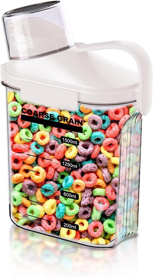 1 PCS Airtight Dry Food Container, Clear BPA-Free Plastic Cereal Containers Storage for Kitchen Pantry, Rice Cereal Flour Holder with Pouring Spout Measuring Cup, White, 51fl.oz/1.5L