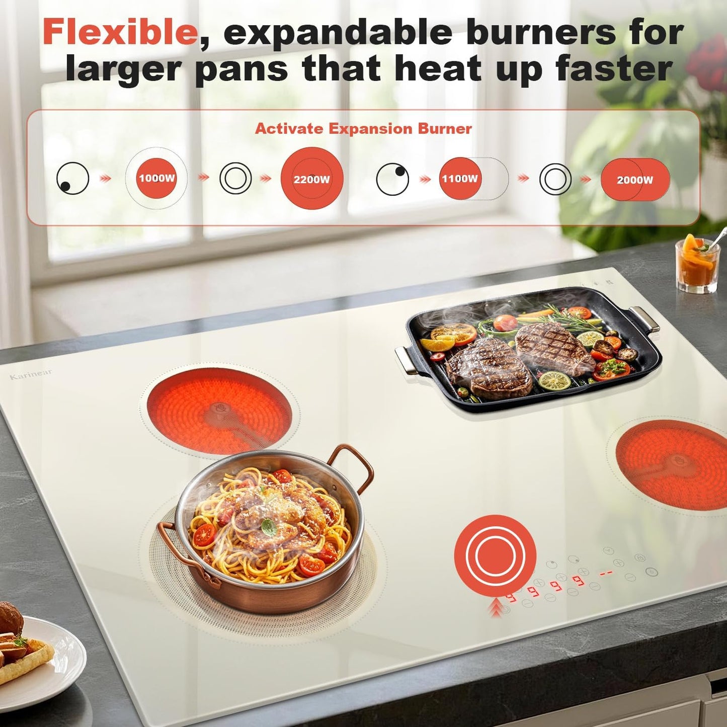 Karinear 30 Inch Electric Cooktop, Beige-gray Glass Electri Cermaic Stove, 4 Burners Electric Stove Top with Expandable Burners, Timer, Child Safety Lock, Pause, 6600W, Drop-in 220V-240V Hardwire