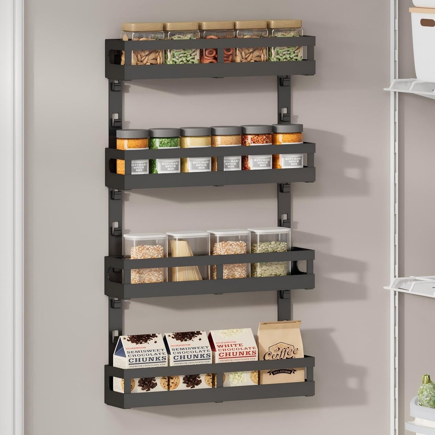 4-Tier Small Wall Mounted Spice Rack Organizer, Hanging Spice Shelf for Cabinet or Pantry, Height-Adjustable Seasoning Holder for Kitchen Storage, Black