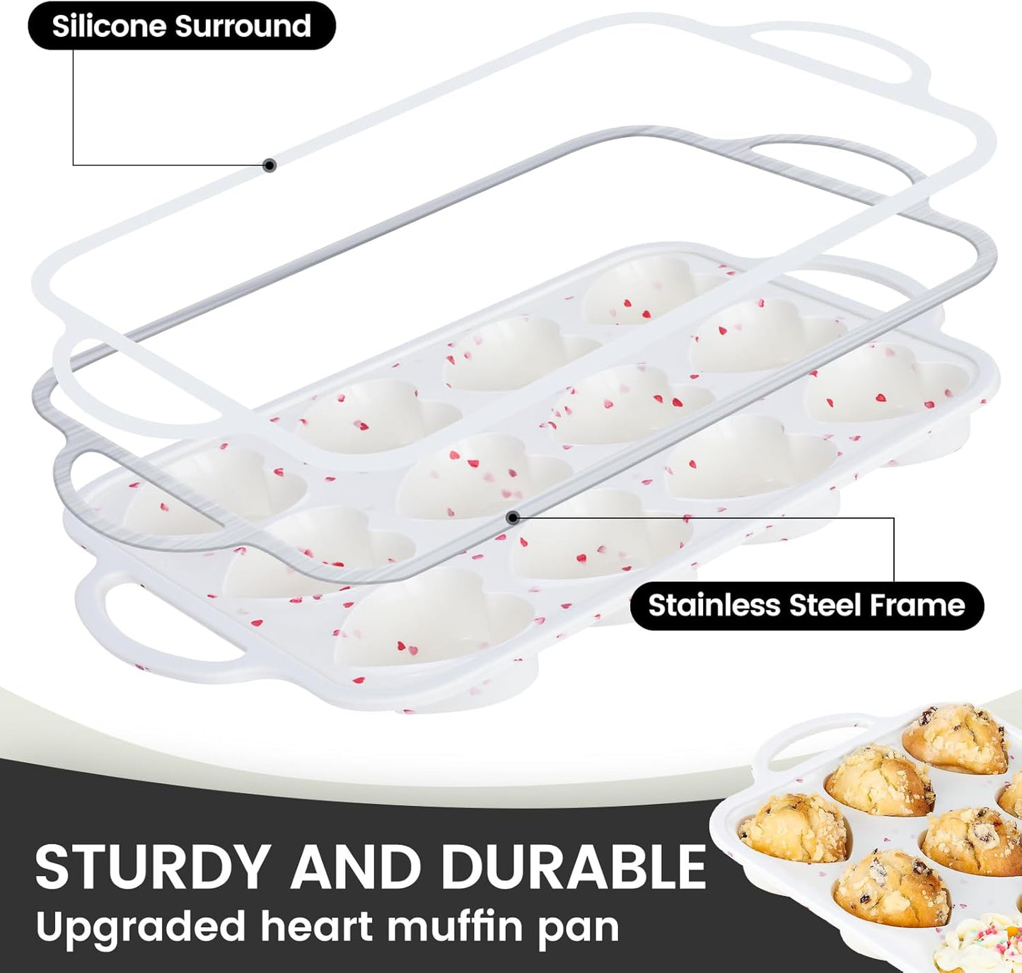 Vinino Silicone Heart Shaped Muffin Pan with Metal Reinforced Frame, 2 Pack Cupcake Pan, Silicone Heart Mold for Baking, Chocolate Bar and Egg Bites, Dishwasher Safe