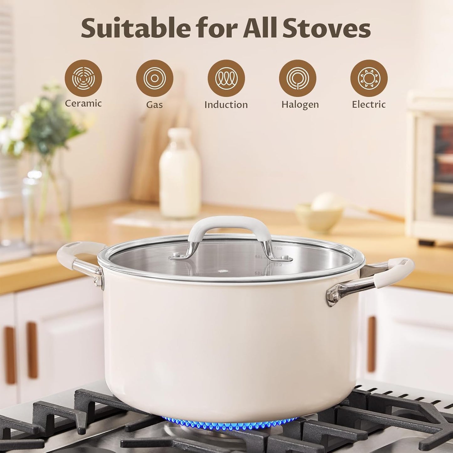 6 Quart Pot with Lid, BEZIA Tri-Ply Stainless Steel Stock Pots, Large Cooking Pots with Silicone Handle, Soup Pot for Induction Cooktop, Compatible with All Cooktops, Dishwasher Safe
