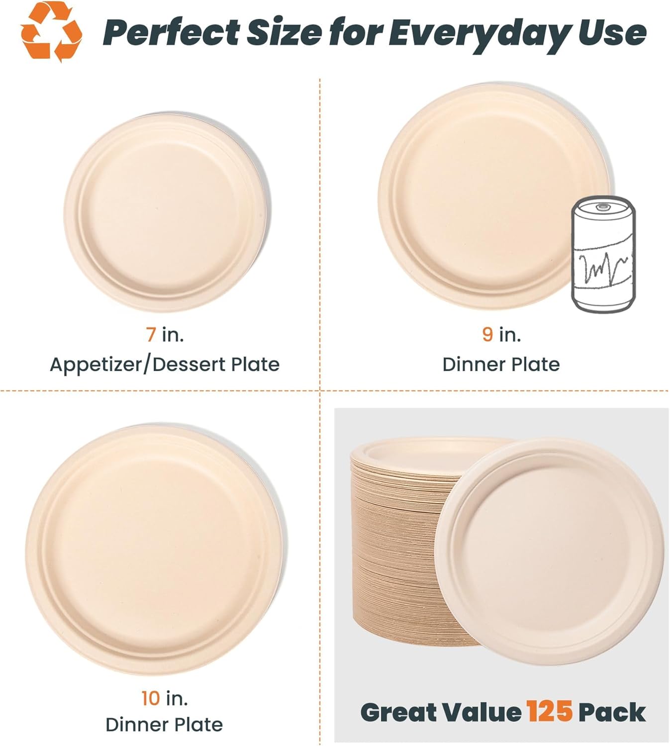 100% Compostable Plates - 125-Count Heavy Duty, Biodegradable Bagasse Plates - Eco Friendly and Sustainable (Natural, 7 inch)