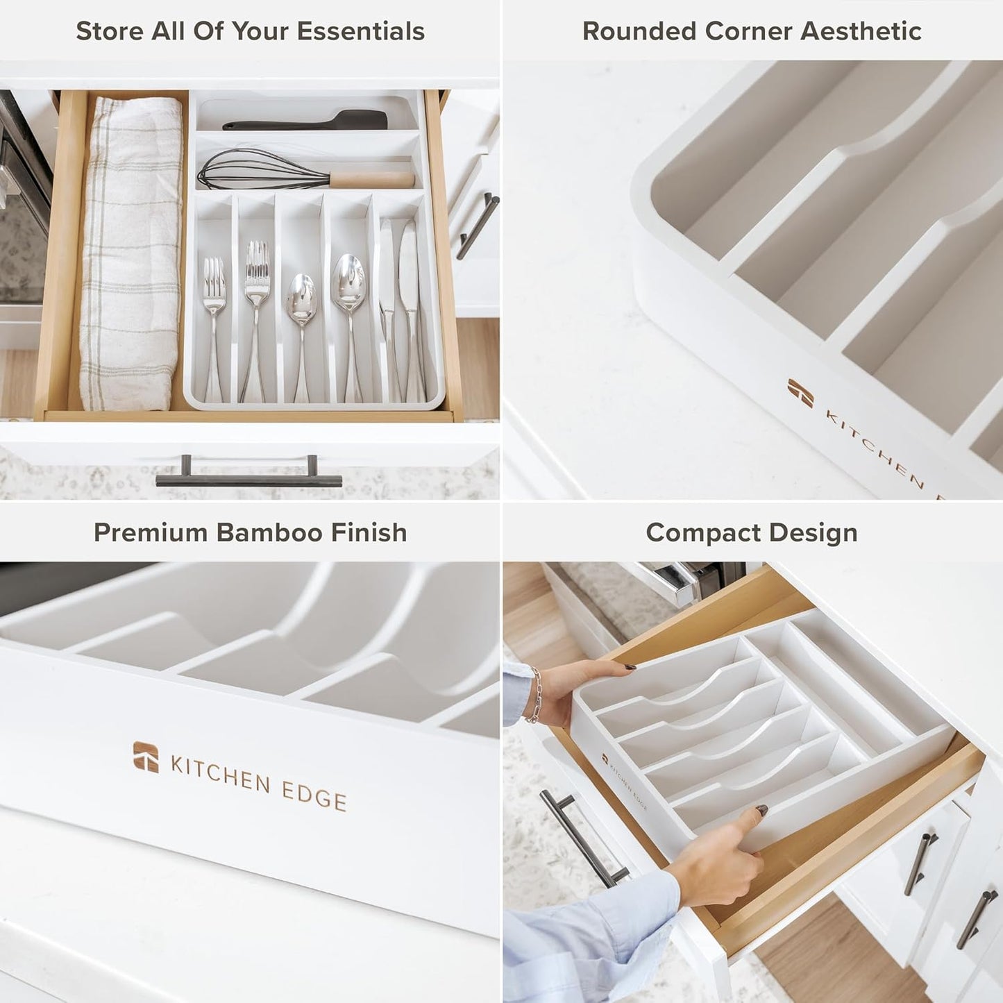 KitchenEdge Silverware Organizer - Cutlery, Flatware, and Utensil Holder for Kitchen Drawers, Fixed 10.5” Width, 7 Storage Compartments, Non-Slip Feet, Rounded Corners, 100% Bamboo, White Finish