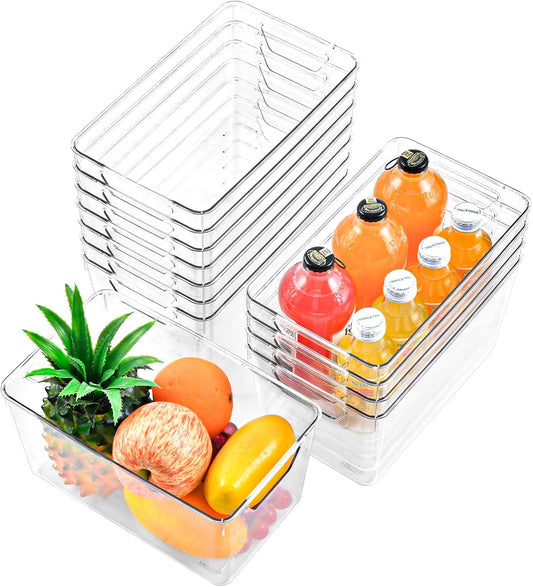 12 Pack Middle Organizers and Storage, Pantry Organization and Storage Bins, Cabinet Organizer, Clear Plastic Storage Containers with Handle，Acrylic Storage Bins for Cabinet, Fridge