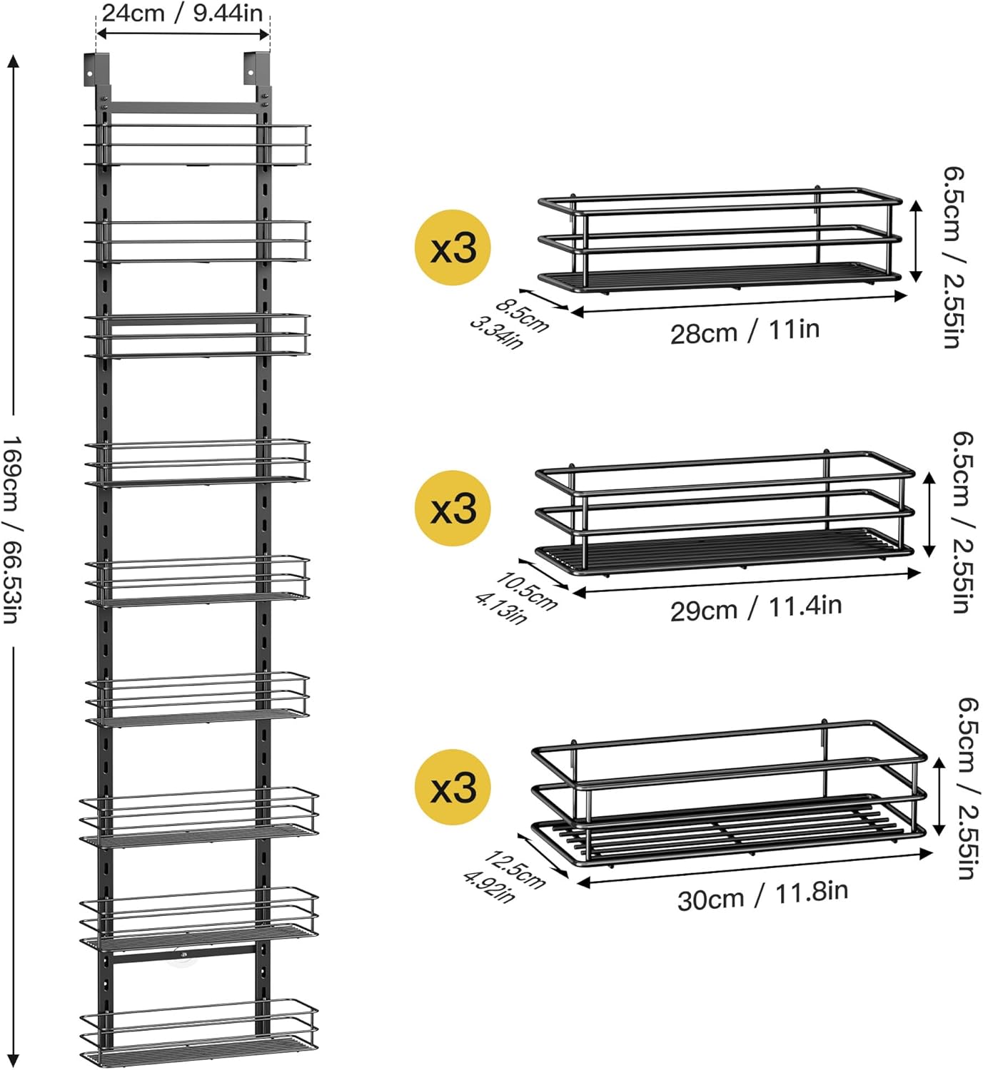 Pantry Door Organizer 12 Inch Wide, 9 Tier Hanging Adjustable Over the Door Spice Rack For Narrow Space,Matt Black