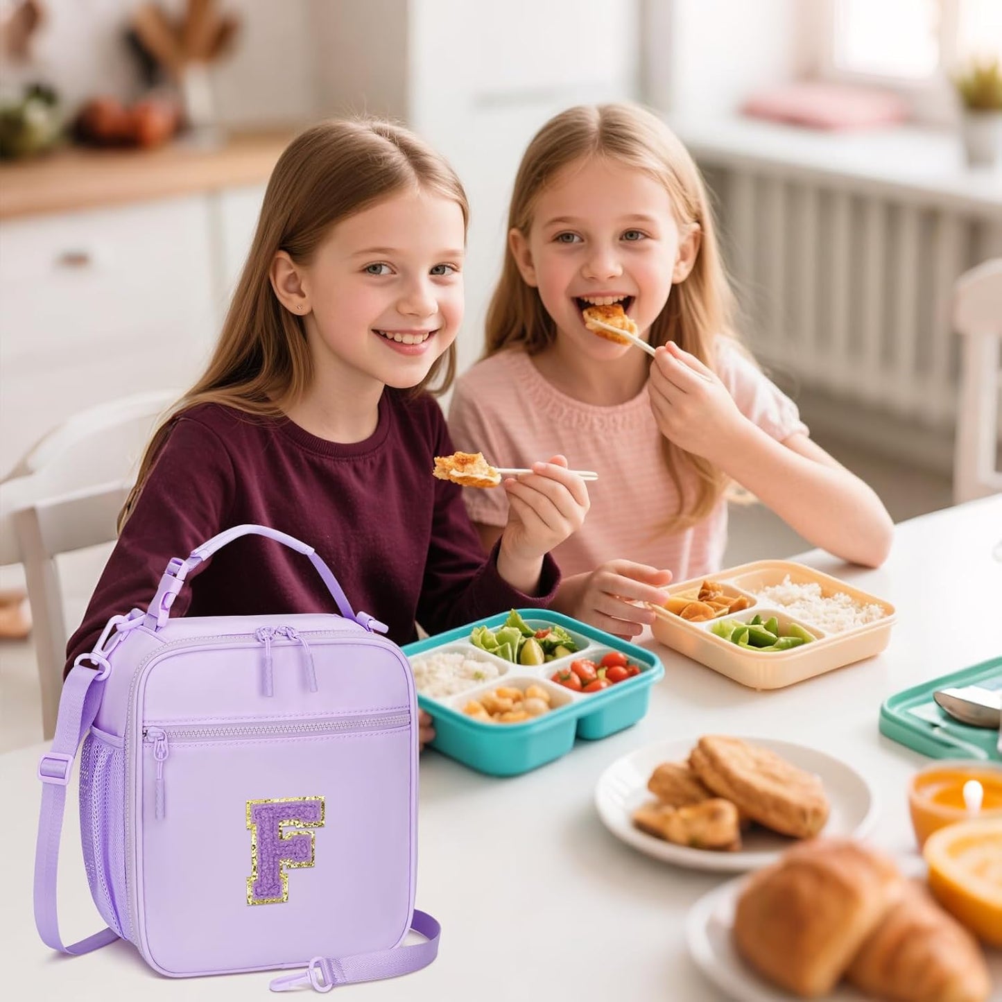 Initial Insulated Lunch Bag for Girls Kids, Back to School Gift, Reusable Leak-proof Lunch Box with Adjustable Strap for School Daycare Travel Picnic (Purple,F)
