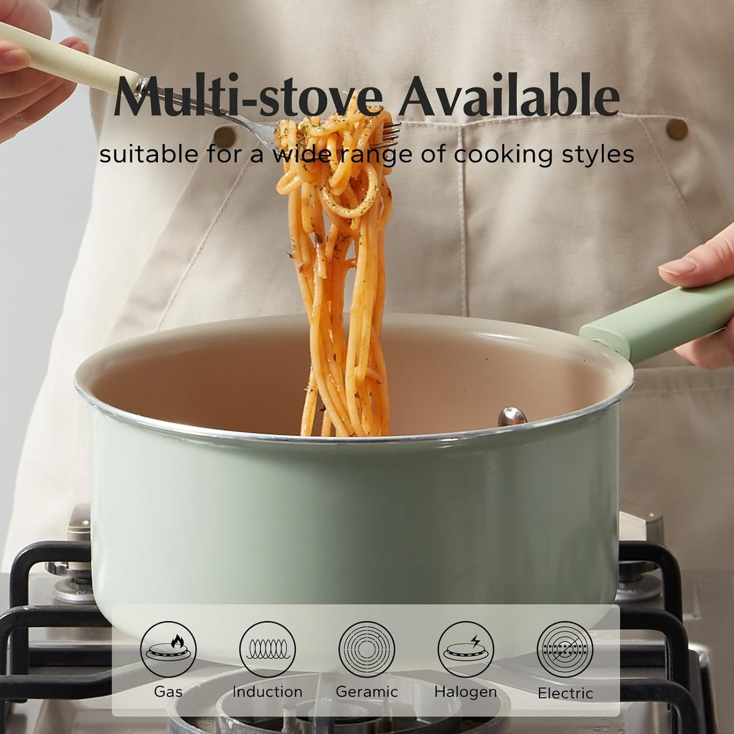 Redchef Ceramic Nonstick Saucepan with Lid, 3QT Small Cooking Pot,Non Toxic Sauce Pans for Kitchen, Cool Handle PFAS Free Compatible with All Cooktops, Green