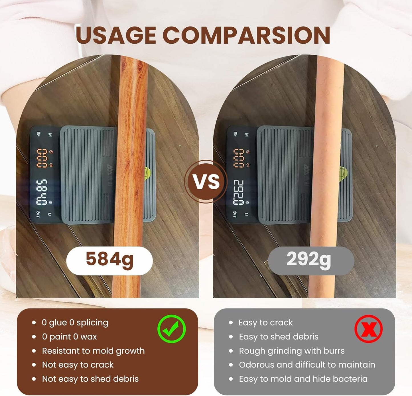 Natural Solid Bubinga Wood French Rolling Pin for Baking | Straight rod type | High-Density Professional Dough Roller (straight - 15.75‘L)