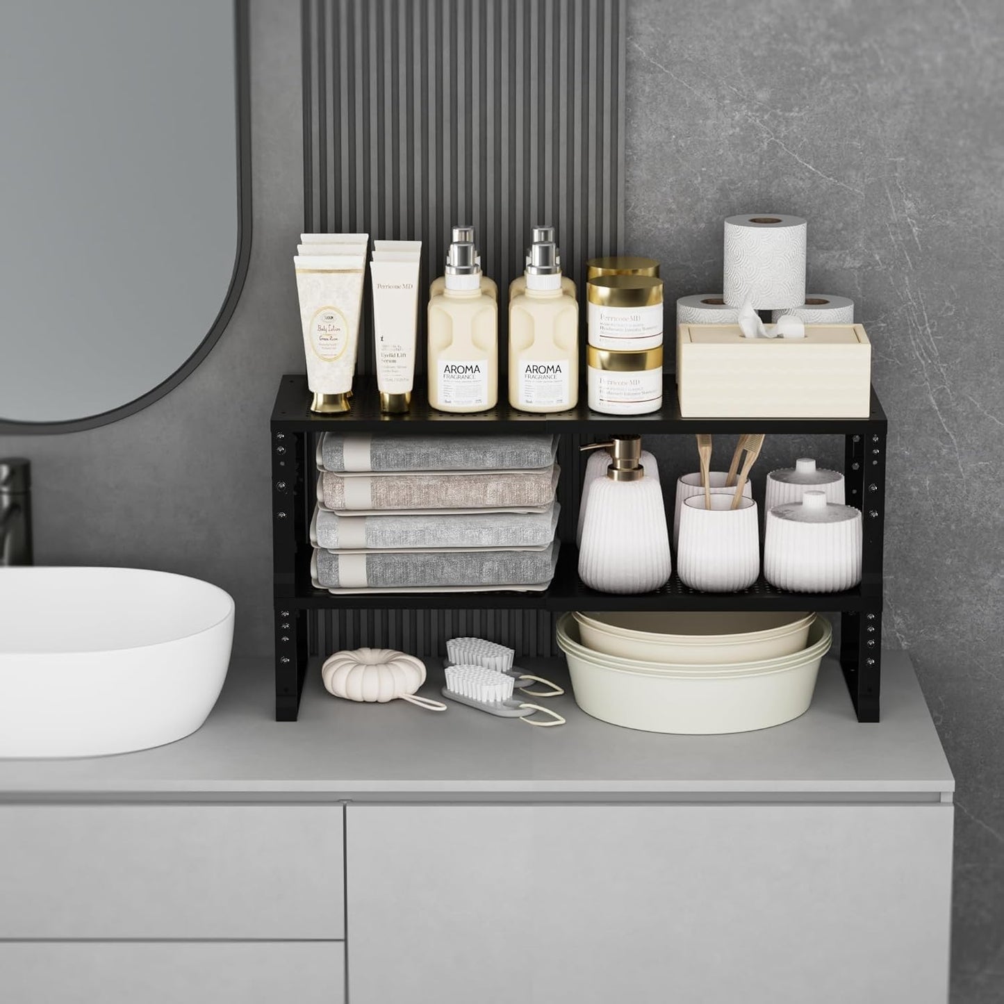 Expandable Spice Rack Kitchen Cabinet Shelf Organizer, Stackable Storage Shelves Racks, Adjustable Counter Shelving for Cabinets, Countertop, Cupboard,Pantry and More(3Packs/Black/Large)