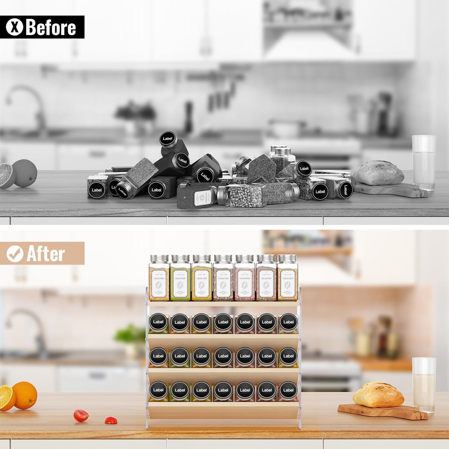 MUDEELA Clear Spice Rack Organizer for Cabinet, 4 Tiered Vertical Spice Shelf, Wooden Seasoning Organizer for Countertop, Kitchen, Pantry, Freestanding, 13.3" W × 11.2" H (No Jars Included)