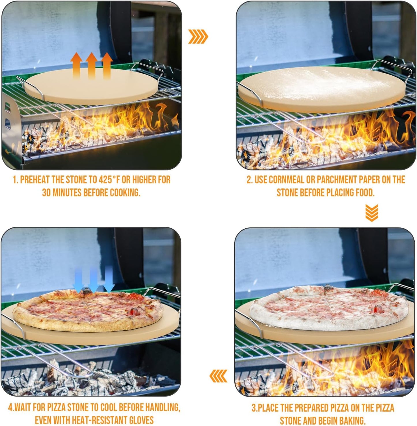 Round Pizza Stone for Grill 16 inch with Handles - Heavy Duty Cordierite Pizza Stone for Oven -Thermal Shock Resistant Baking Stone, Includes Metal Rack & Scraper