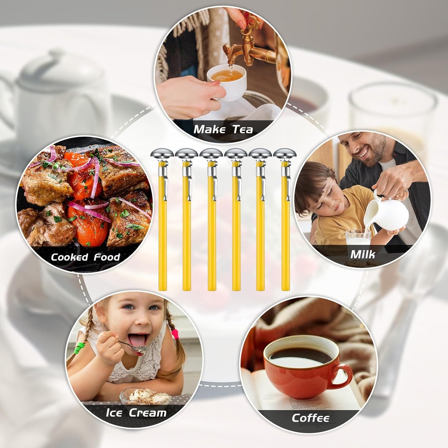Xuhal 6 Pcs Stainless Steel Kitchen Thermometer with 5 Inch Long Stem 1 Inch Dial Thermometer Milk Frothing Food for Oven Probe Meat Grill BBQ Cooking Chocolate Water(Yellow)