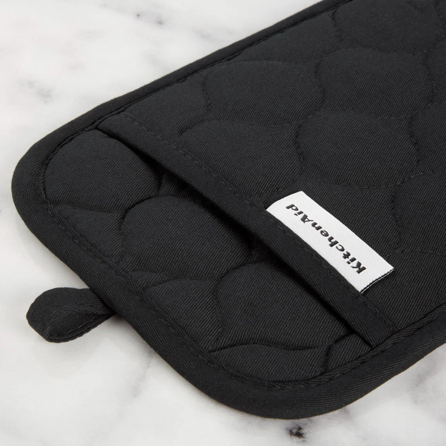 KitchenAid Quilted Cotton Terry Cloth Oven Mitt, Pot Holder Heat Resistant, 16"x26", 7"x13" & 7"x10", Matte Black