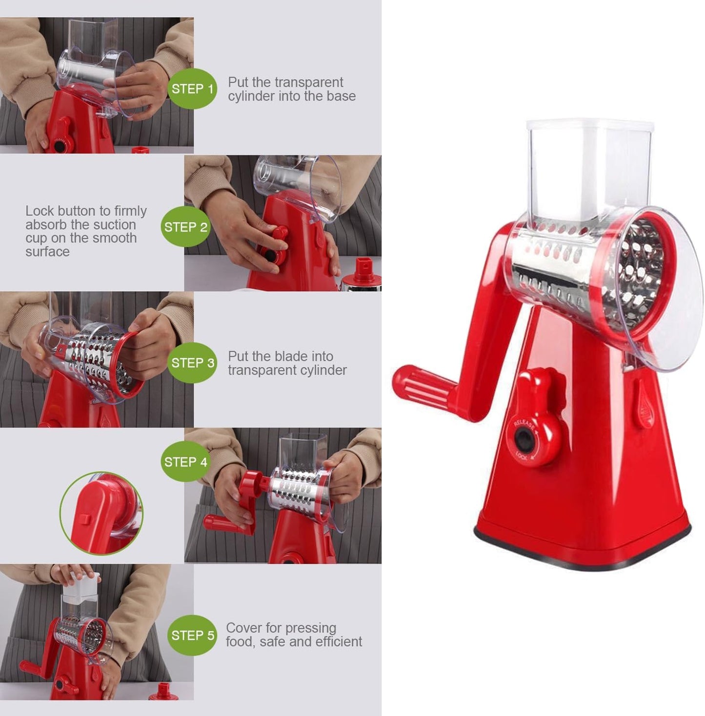 Rotary Cheese Grater with Handle, Hand Crank Cheese Shredder Manual Vegetable Slicer with Non-slip Suction Base, Cheese Shredder for Vegetables, Nuts, and Parmesan, Easy to Clean