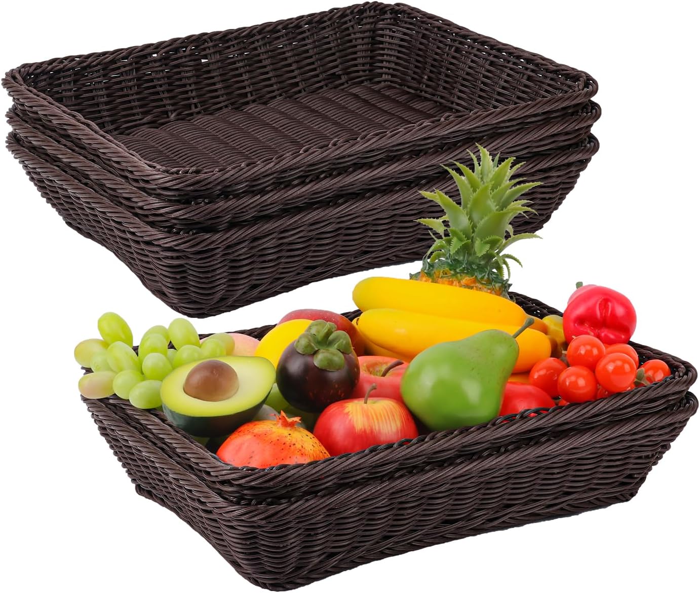 5 Pack 16 Inch Deep Coffee Wicker Bread Basket, Handmade Woven Organizer, Rectangular Fruit Baskets, Snack Basket Food Serving Baskets for Dining Table, Candies, Crackers, Fruit, Vegetables
