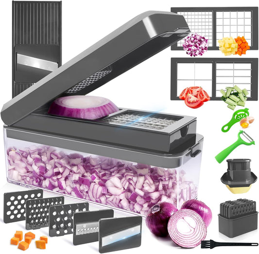 Vegetable Chopper, Onion Chopper Dicer, Mandoline Slicer, Food Chopper with Container, Vegetable Cutter for Salad Potato Carrot Garlic（9 Blades, Grey）