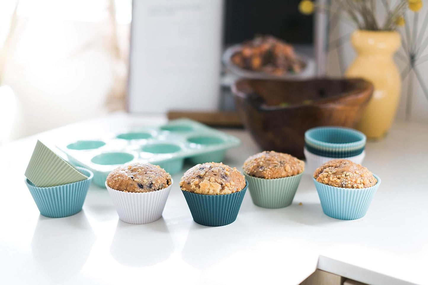 The Silicone Kitchen Reusable Silicone Baking Cups Gift Set Bundle, 24 Regular, 12 Jumbo, 24 Mini, Blue, Green, White