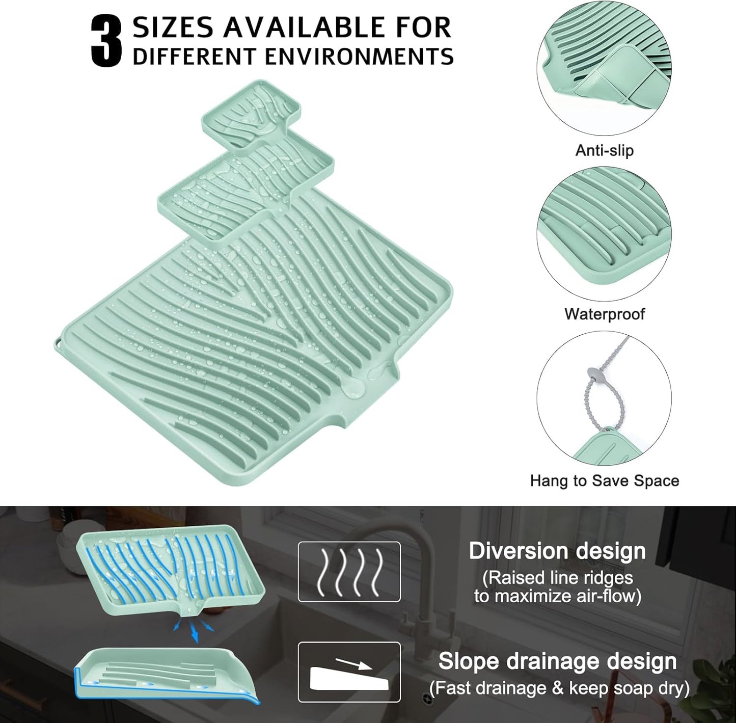 Silicone Dish Drying Mat for Kitchen Counter, Dish Drying Pad, Non-Slip Drain Pad with Built-in Drain, Heat Resistant Stone Drying Mat, 3 pcs (Mint)