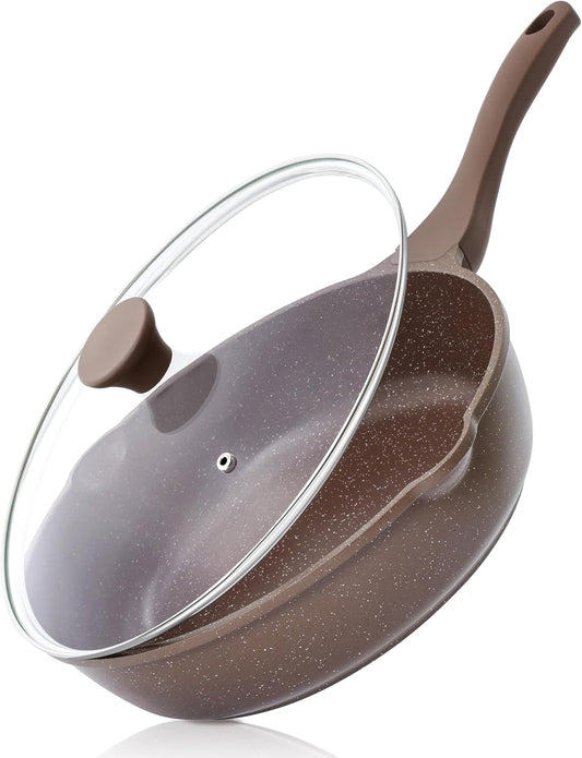 SENSARTE Nonstick Deep Frying Pan Skillet, 12-inch Saute Pan with Lid, Stay-Cool Handle, Healthy Cookware Cooking Pan with Cover, Induction Compatible (Toffee Brown)