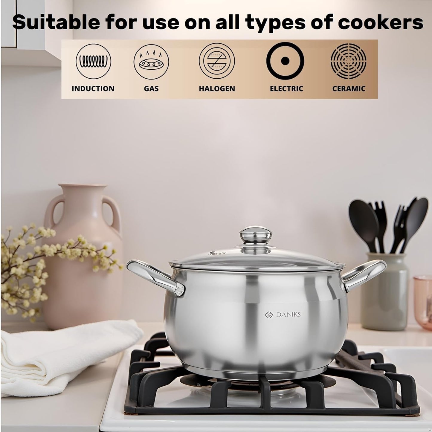 Daniks Classic Stainless Steel Stock Pot with Glass Lid – Induction 6 Quart, Dishwasher Safe, Measuring Scale, For Soup, Pasta, Stew, Silver