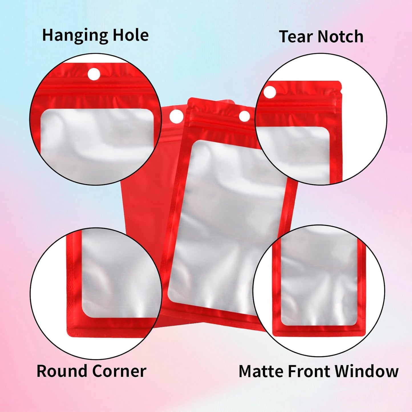 200 Pack Resealable Mylar Holographic Bags Food Storage Smell Proof Bags with Front Window Foil Packaging Pouch for Candy Sample Jewelry Small Business 3.15×5.51 Inch, Red