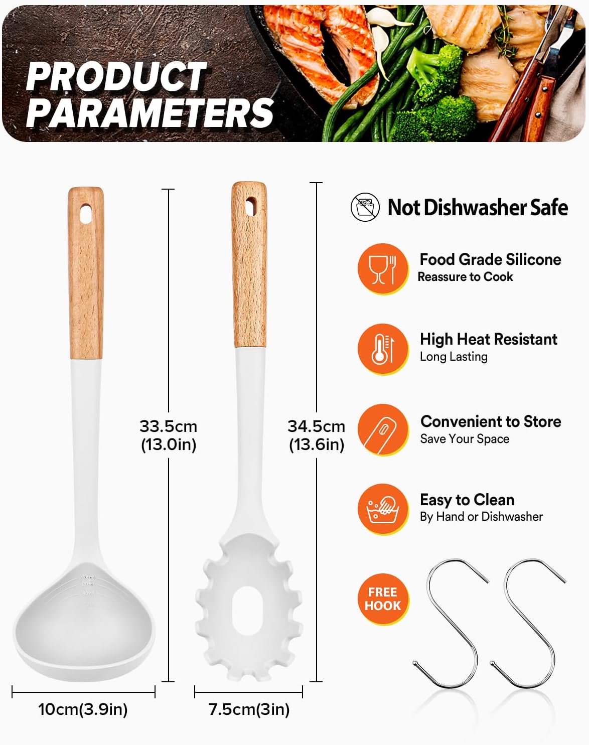 Pasta Fork and Ladle Set, Perfect for Serving Hot Soup, Stirring, and Sauce Pasta, BPA-Free Matte Silicone, Wood Handle Spaghetti Spoon for Nonstick Cooking Surfaces (White)