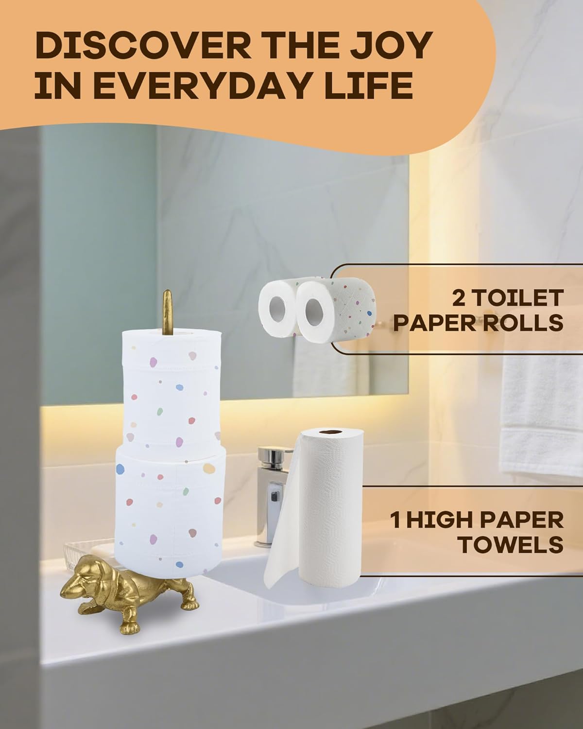 Gold Dog Paper Towel Holder for Kitchen & Bathroom - Decorative Cast Iron Free Standing Paper Roll Stand with Heavy Base, Slim Design Counter Organizer for Home, Apartment & Office