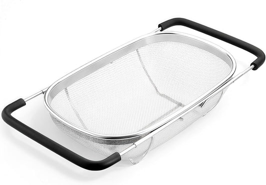 Over The Sink Colander 6 Quart Stainless Steel Fine Mesh Strainer Basket & Expandable Rubber Grip Handles - Strain, Drain, Rinse Fruits, Vegetables
