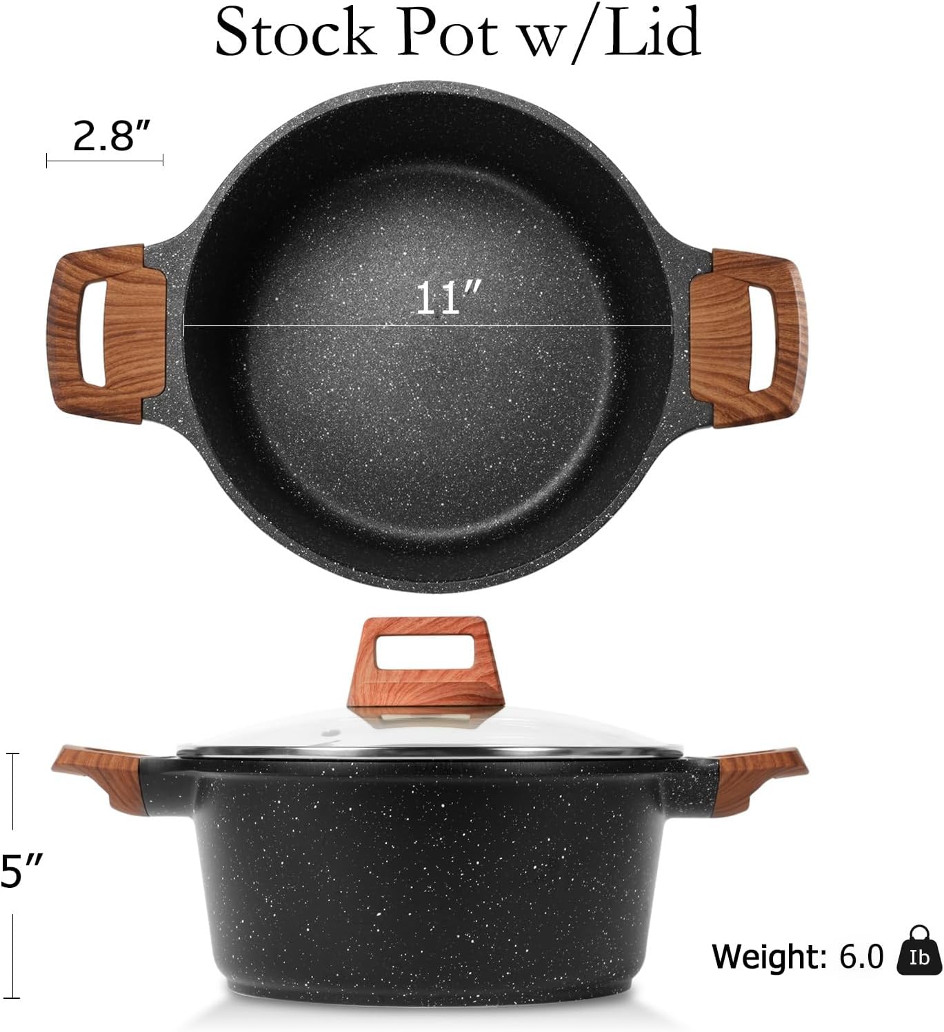 ESLITE LIFE Nonstick Stock Pot with Lid, 7 Quart Granite Casserole Large Soup Pot Pasta Cooking Pot, Induction Compatible, PTFE & PFOA Free, Black