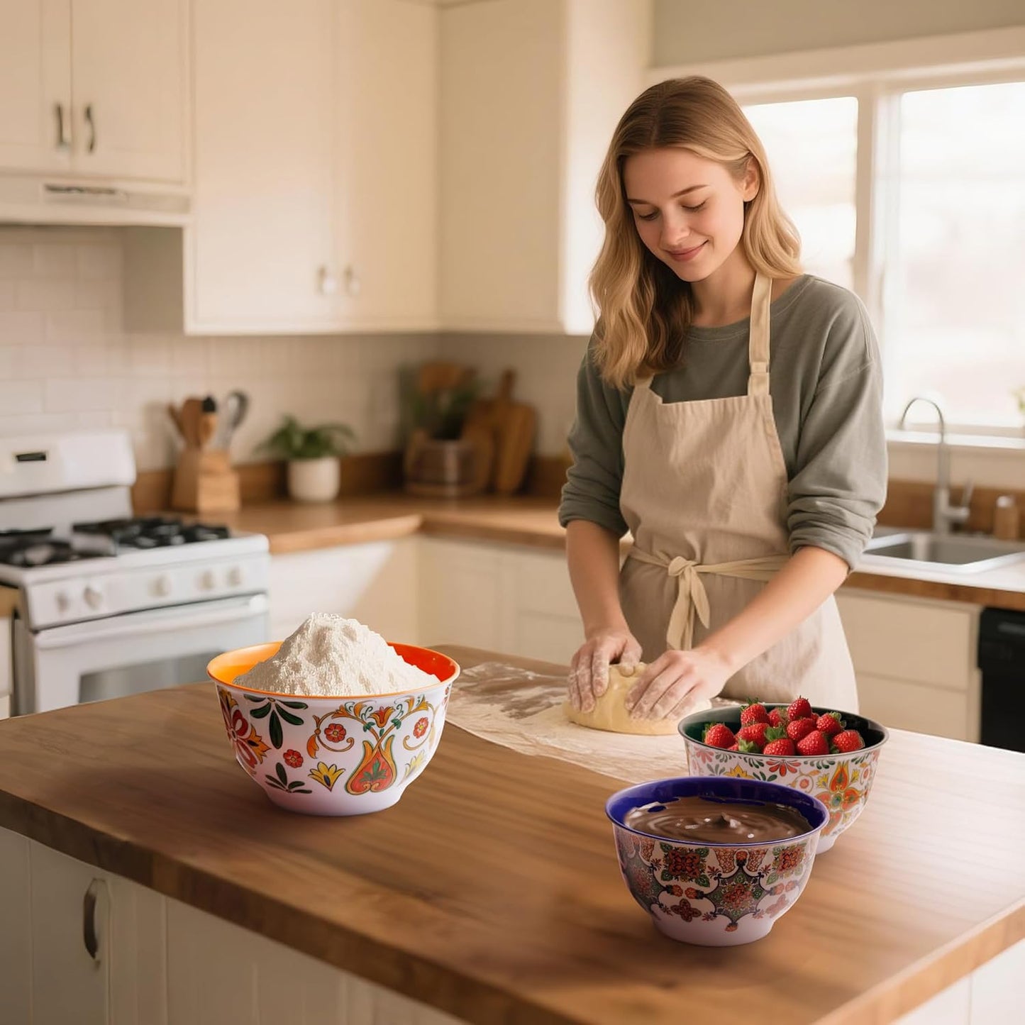 TP Large Mixing Bowl Set with Lids, Melamine Nesting Bowls Set for Pasta Baking Salad Mixing, Set of 3, Aztec Bloom