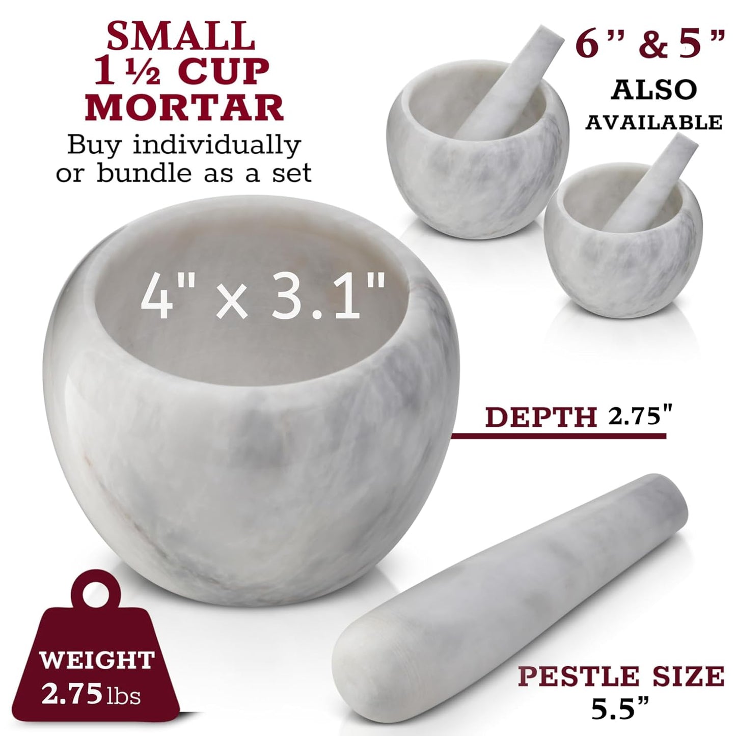 Gusto Nostro Natural Marble Mortar and Pestle Set Small| 4 Inch - 1.5 Cup | Mini Mortar Pestle Set for Grinding Herbs, Nuts, Grains | Pesto Grinding and Guacamole Stone Bowl | Marble Spice Crusher