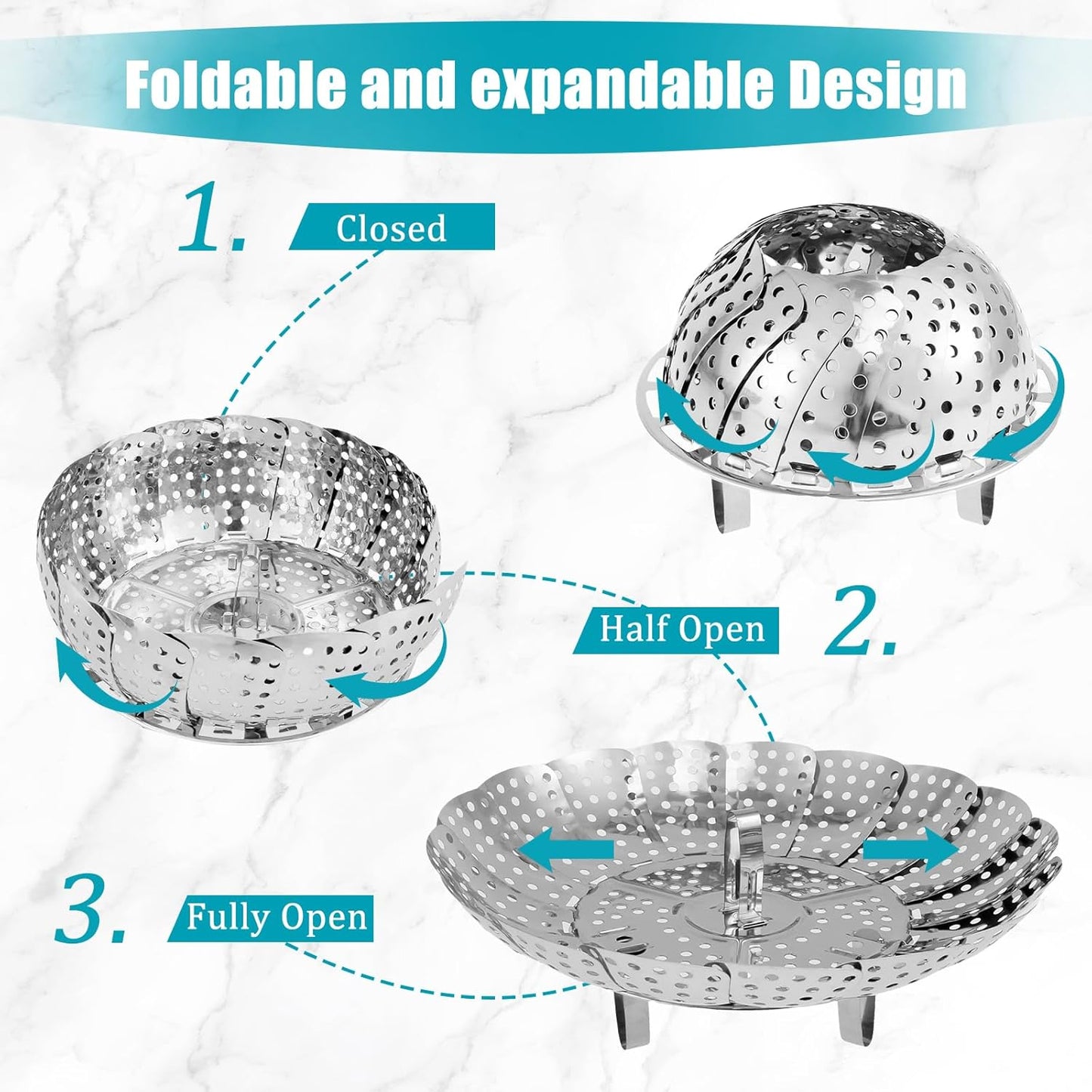 Vegetable Steamer Basket for Cooking with Extendable Handle, 3 Size Folding Veggie Steamer Insert, Expandable Food Steamer Fit Various Size