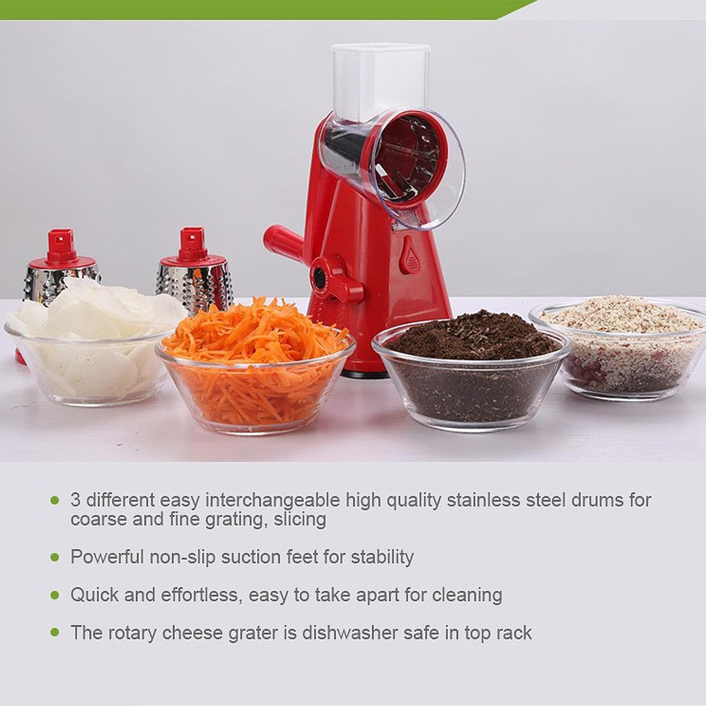 Rotary Cheese Grater with Handle, Hand Crank Cheese Shredder Manual Vegetable Slicer with Non-slip Suction Base, Cheese Shredder for Vegetables, Nuts, and Parmesan, Easy to Clean