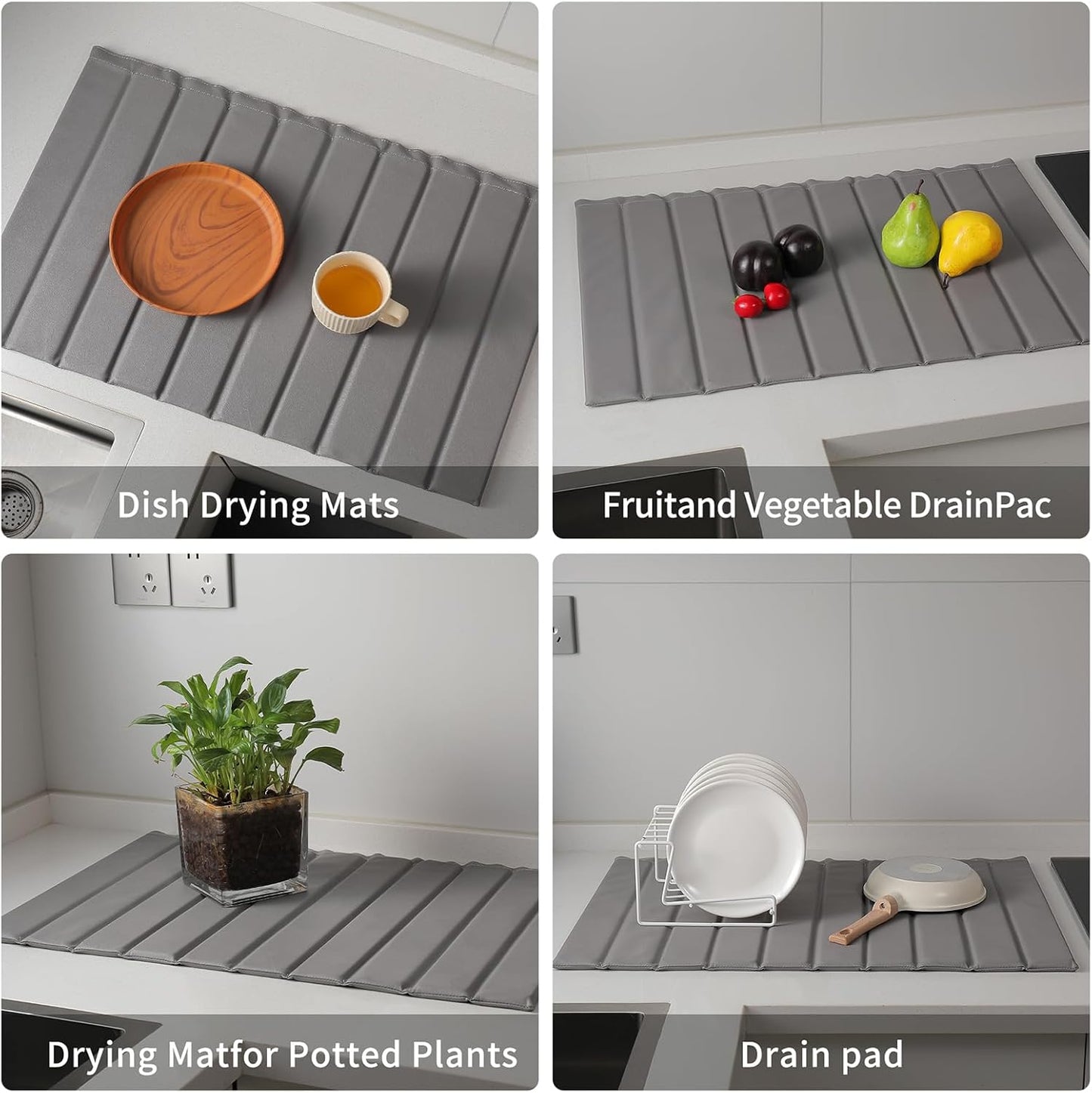 Stone Dish Drying Mat with PU Leather Surface for Kitchen Counter, Water-Absorbent Collapsible Roll up, Quick Dry, Non-Slip for Cups Dishes Bottles,Removable and washable(Medium Gray, 23.6”x15.4”)