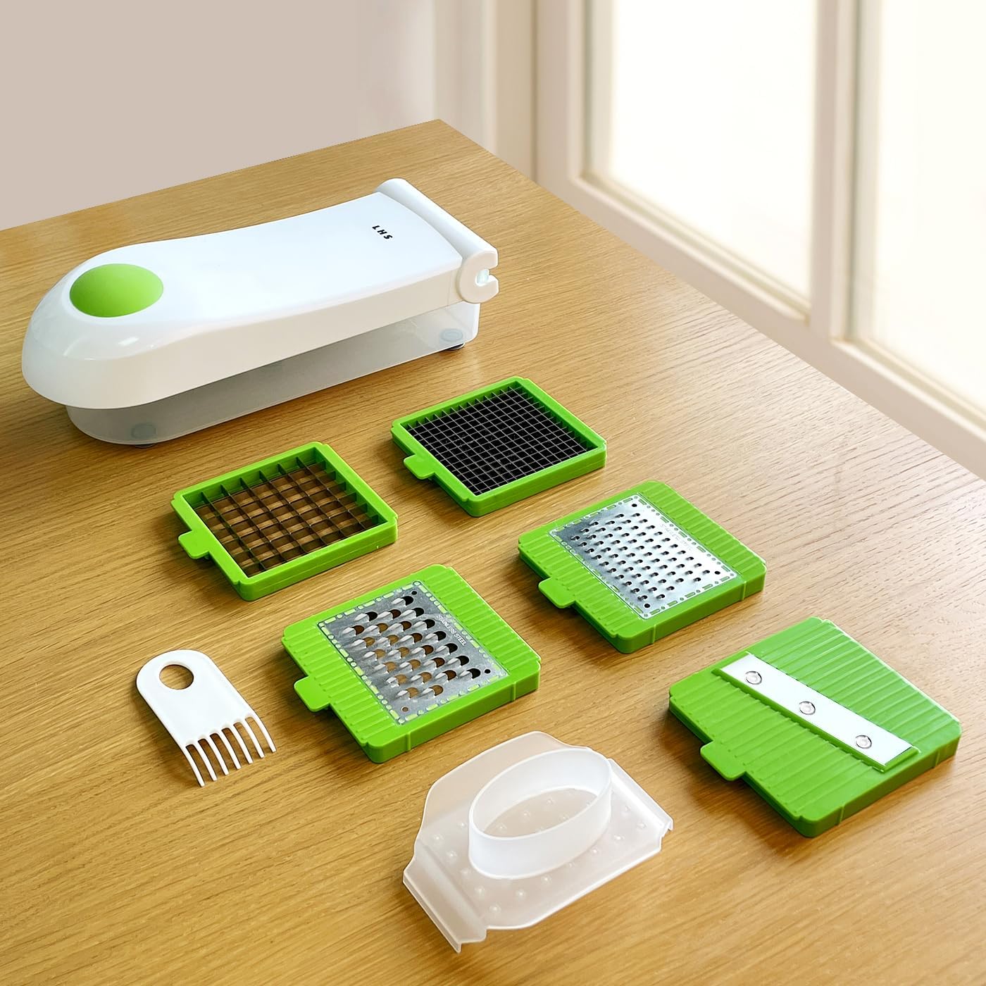 LHS Multifunctional Vegetable Chopper - 7 in 1 Veggie Slicer, Dicer, Cutter for Onions, Potatoes, Salad - Green Container Included