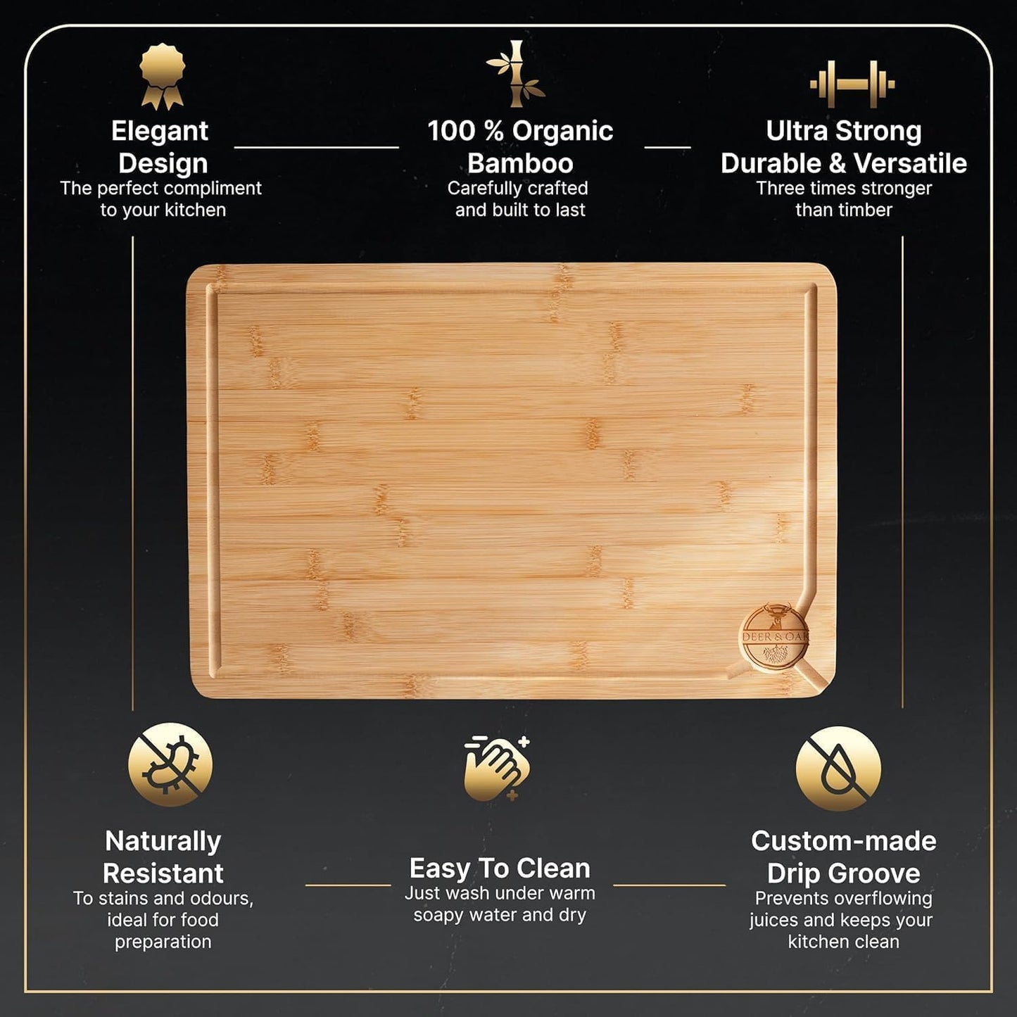 Deer & Oak Premium Large Bamboo Cutting Board – 15" x 9.8" x 0.8" Wooden Chopping Board for Meat and Vegetables, Pre-Oiled, Water Resistant, Knife Friendly