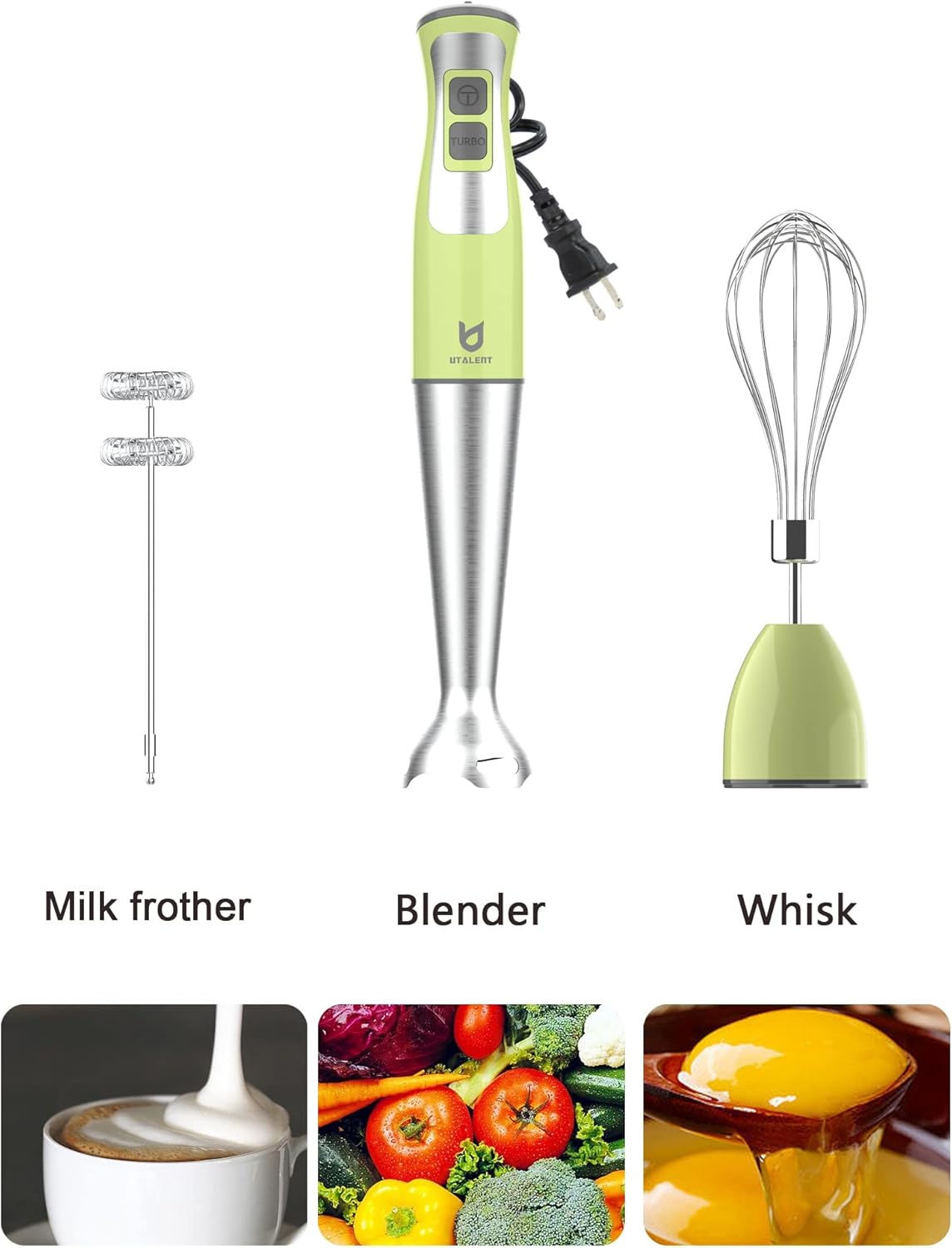 Immersion Hand Blender, UTALENT 3-in-1 8-Speed Stick Blender with Milk Frother, Egg Whisk for Coffee Milk Foam, Puree Baby Food, Smoothies, Sauces and Soups - Green