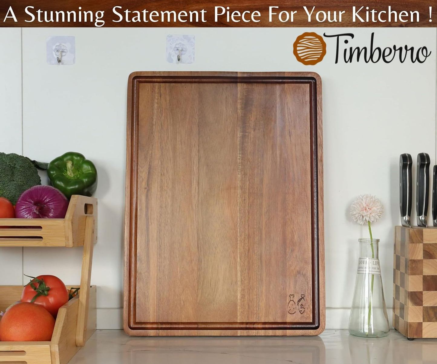 Acacia Wood Cutting Board (20x15x1.2 In.) - Large Thick Edge Grain Wooden Chopping Boards for Kitchen, Giant XL Organic Hardwood Carving Block for Raw Meat