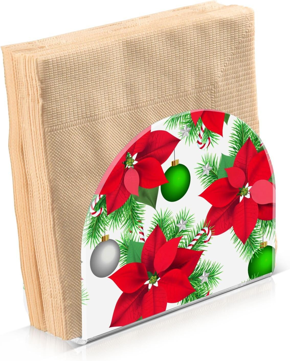 Christmas Poinsettia Flowers Balls Napkin Holder for Table Paper Napkins Holder Acrylic Tissue Dispenser Kitchen Dining Room Bathroom Party Car Decor