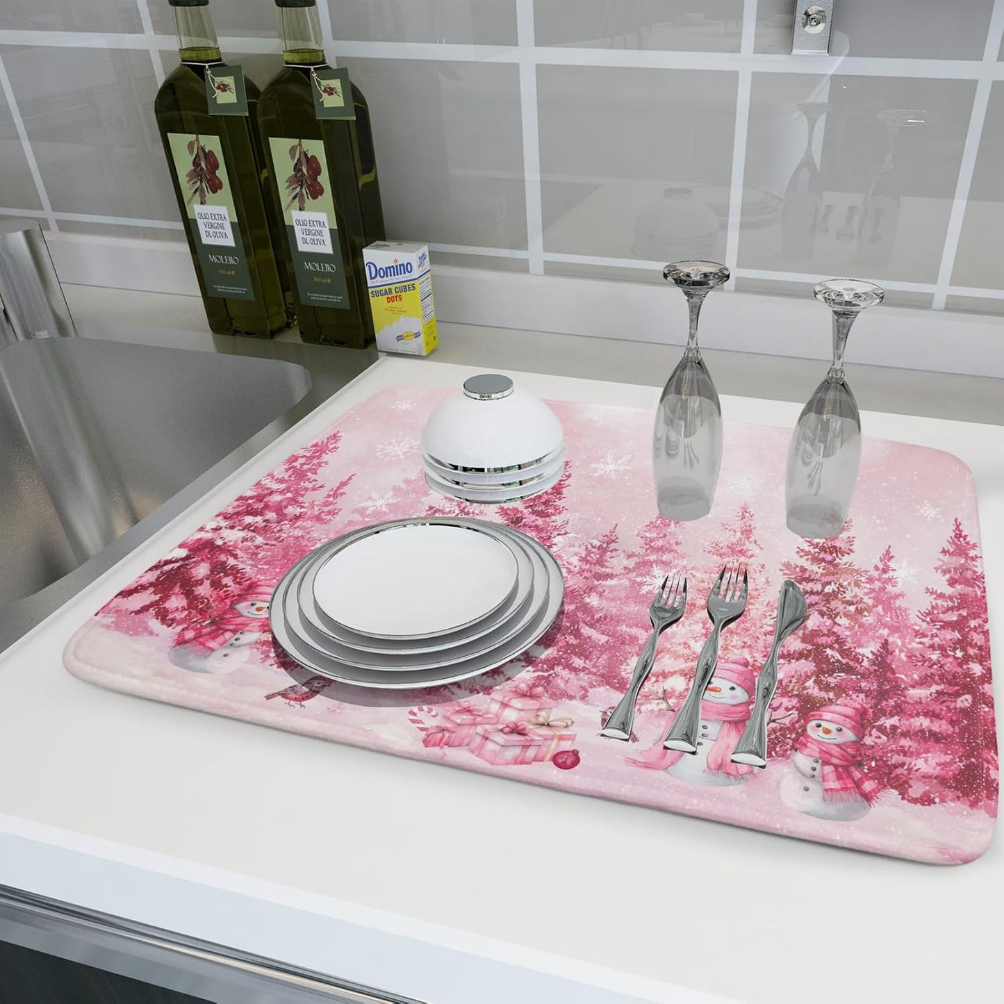 Pink Forest Dish Drying Mat Snowman Washable Drying Matt Kitchen Counter Absorbent Coffee Mat for Winter Home Decor