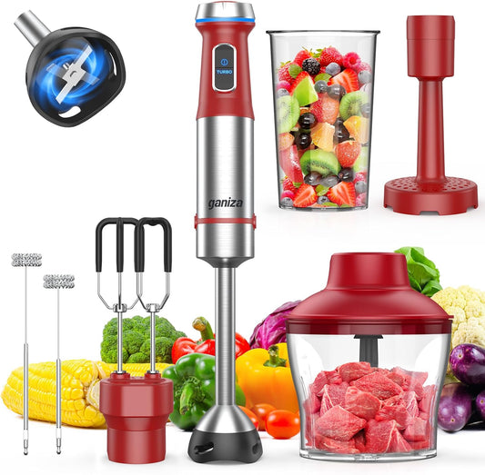 Ganiza Immersion Blender Handheld, 6 in 1 Hand Blender Stainless Steel Blade, 15 Speed Stick Blenders, 800ml Mixing Beaker, 600ml Chopper, Whisk, Frother, Potato Masher, Red