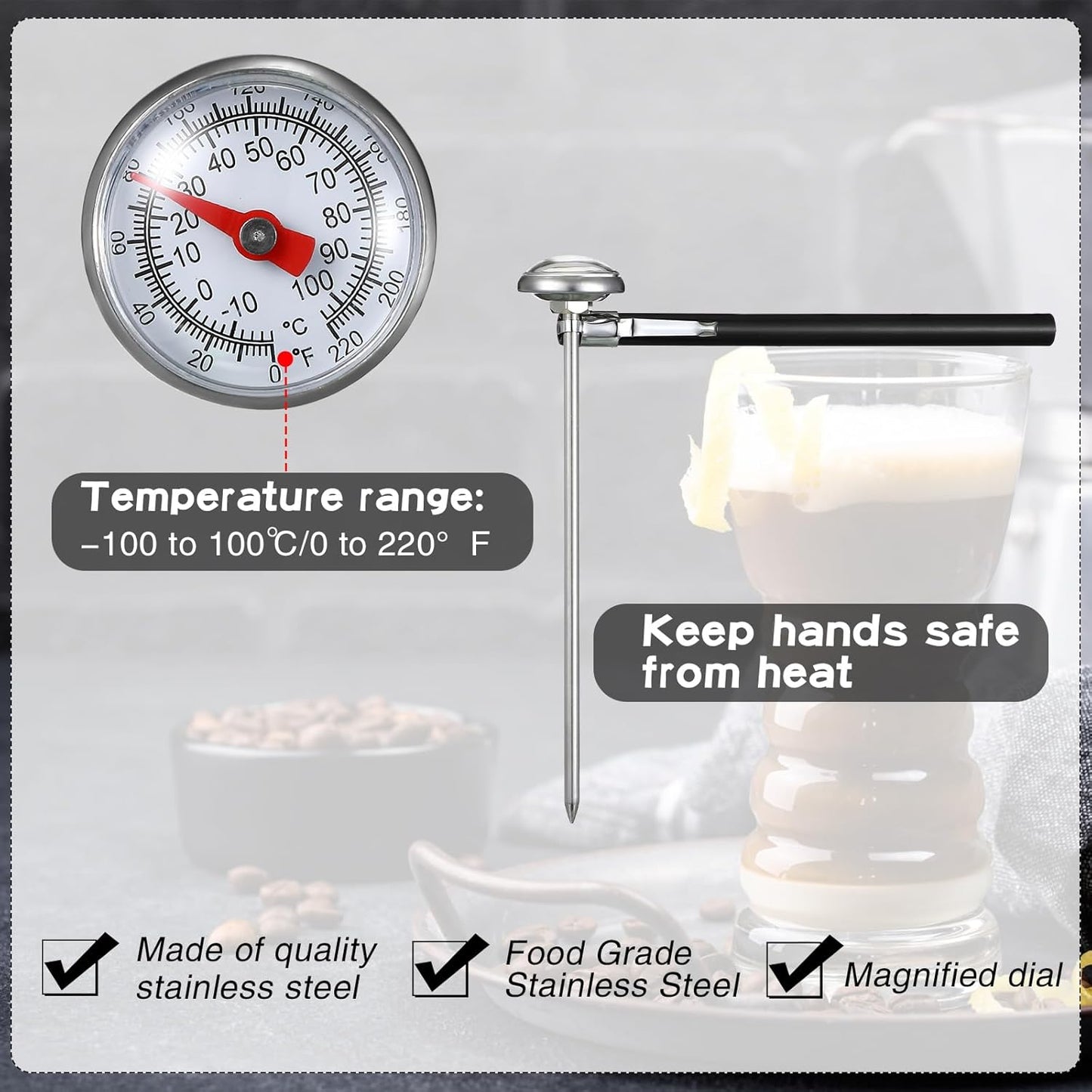 Xuhal 6 Pcs Stainless Steel Kitchen Thermometer with 5 Inch Long Stem 1 Inch Dial Thermometer Milk Frothing Food for Oven Probe Meat Grill BBQ Cooking Chocolate Water(Black)