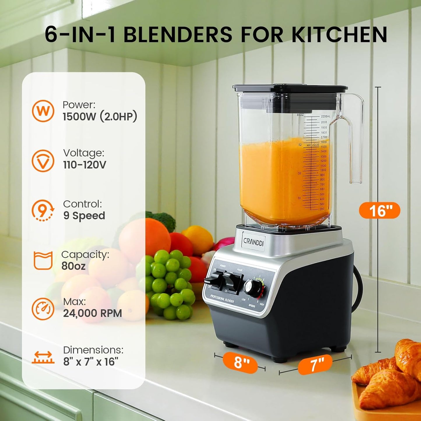 CRANDDI Professional Commercial Blender for Kitchen with Max 1500W High Power, 80oz Large Capacity Blender with Tamper for Crushing Ice, Chopping, Grinding, Making Smoothies, K96 Black